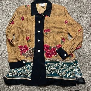 Kathie Lee Blouse Women’s long‎ sleeve size 10 Brown Black Floral Pearl Buttons